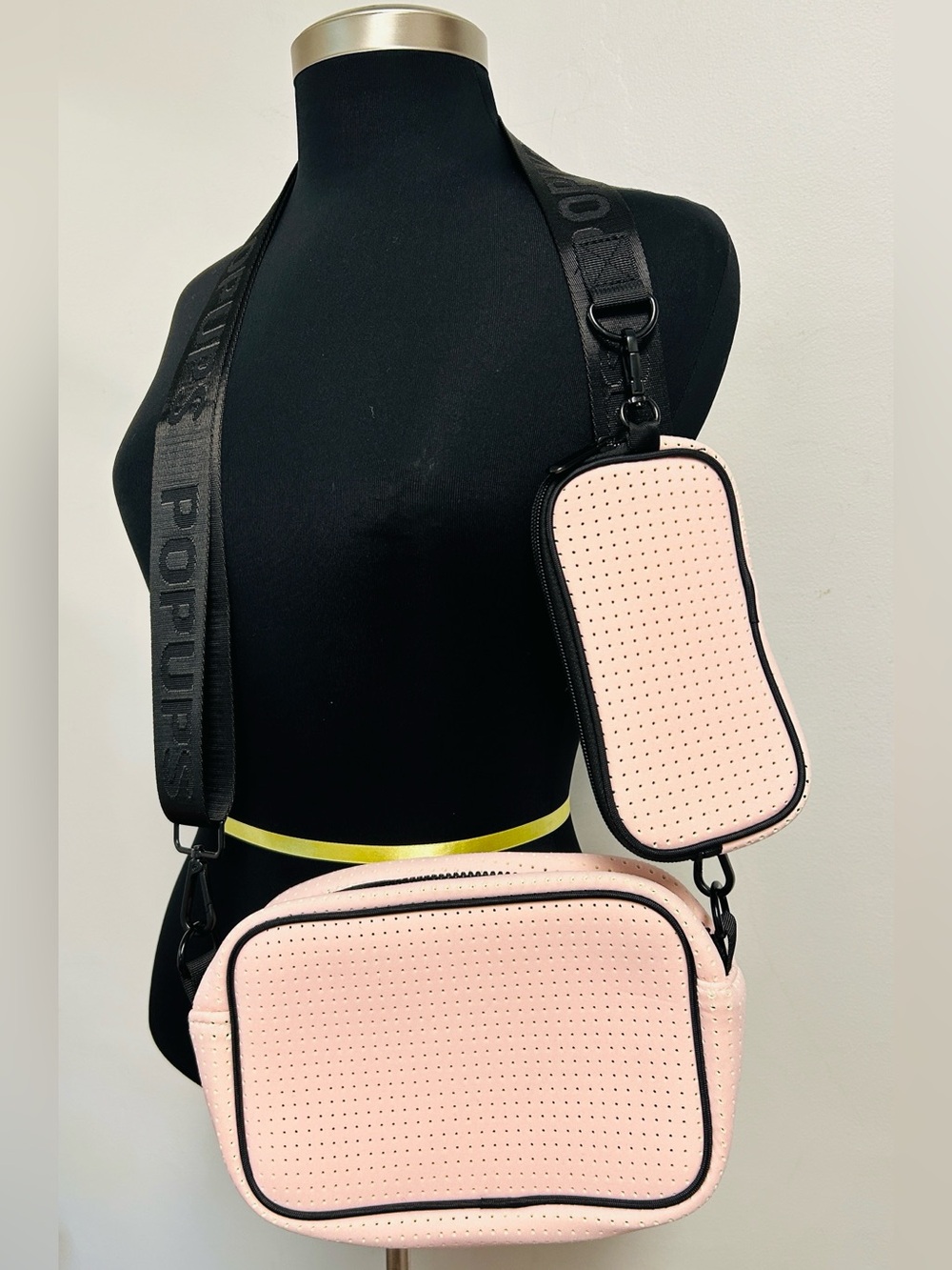 POPUPS 100% Luxe Neoprene Pink Camera Crossbody Shoulder Bag Attached Mini Pouch